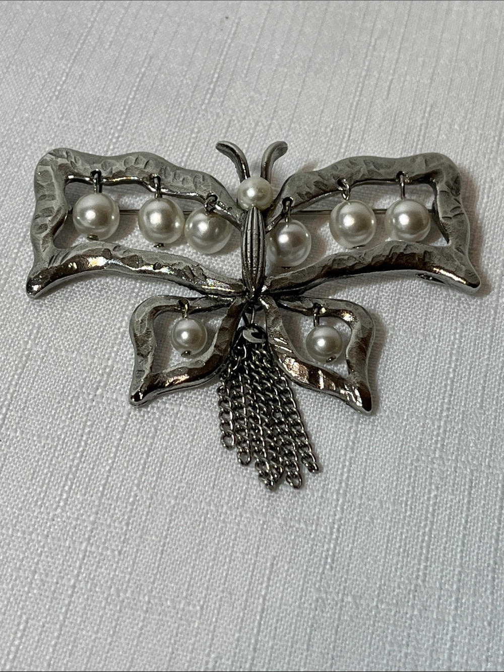 Vintage Signed Judy Lee Silver Butterfly Pin Brooch With Faux Pearls